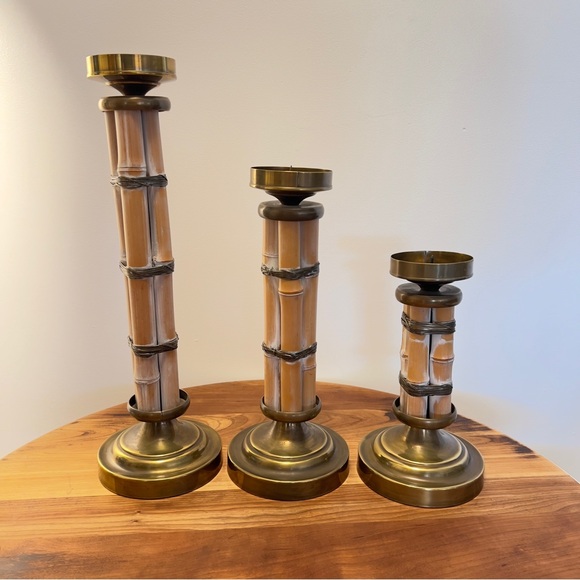3 VTG Bamboo and Brass Tall Candle Holder in the style of Gabriella Crespi - Picture 1 of 6